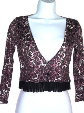 New bebe Cardigan Leopard Print Crop 3/4 Sleeve Mesh Ruffle Trim Jeweled Sz S